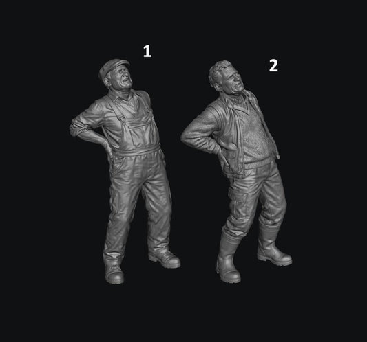 Two unpainted grey 3D-printed resin scale figures of elderly farmers in workwear suffering from back pain.