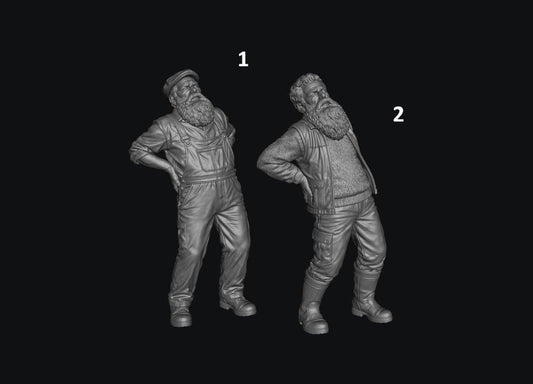 Two unpainted grey 3D resin scale model figures of elderly men with beards holding their aching backs.