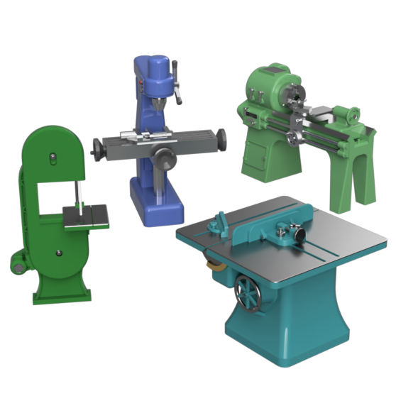 Four industrial metalworking machines shown on a plain white background: a green bandsaw, a blue drill press, a green lathe, and a teal table saw.