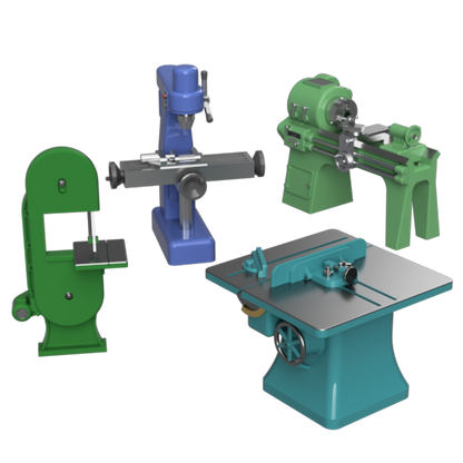 Four industrial metalworking machines shown on a plain white background: a green bandsaw, a blue drill press, a green lathe, and a teal table saw.