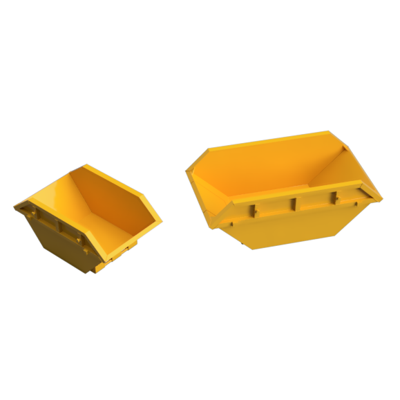 Two yellow industrial hopper bins shown on a plain white background, one smaller and one larger, both rendered as 3D product views.