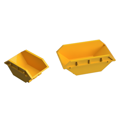 Two yellow industrial hopper bins shown on a plain white background, one smaller and one larger, both rendered as 3D product views.