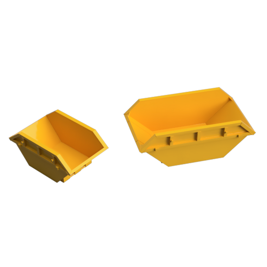Two yellow industrial hopper bins shown on a plain white background, one smaller and one larger, both rendered as 3D product views.