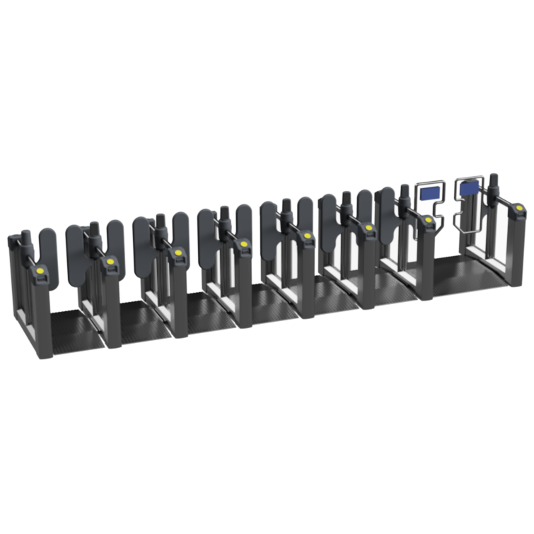 A 10-bay black metal bicycle parking rack system with integrated card readers and a central control console, shown on a plain white background.