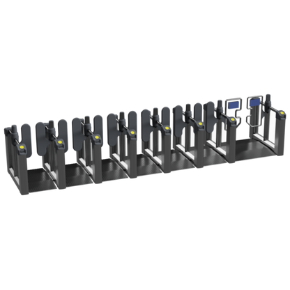 A 10-bay black metal bicycle parking rack system with integrated card readers and a central control console, shown on a plain white background.